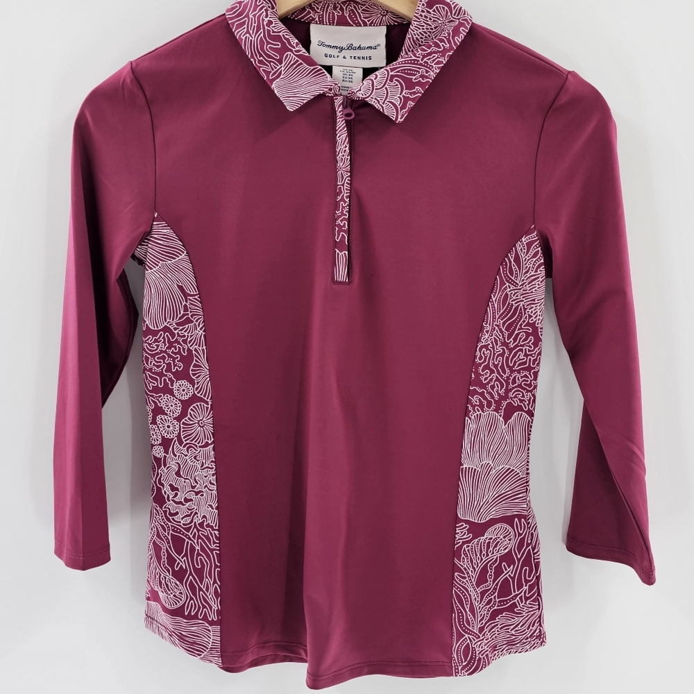 Tommy Bahama Raspberry Pink w/ Floral Panels 3/4 Sleeve Golf Top Womens Size XSM
